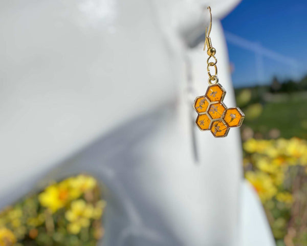 Bee -utiful Bee Drop Earrings Handmade with Flowers & Resin Honeycombs