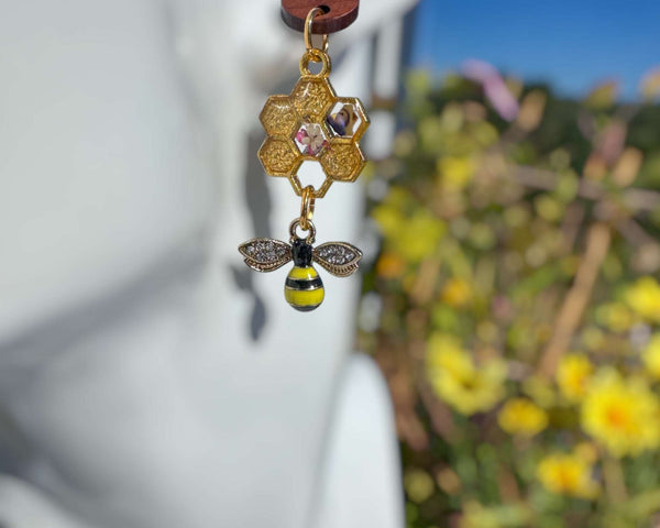 Bee -utiful Bee Themed Drop Earrings with Pressed Floral Honeycombs