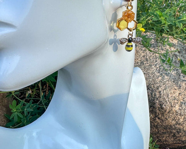 Handmade Honeycomb Drop Earrings with Real Flowers & Bee Charm