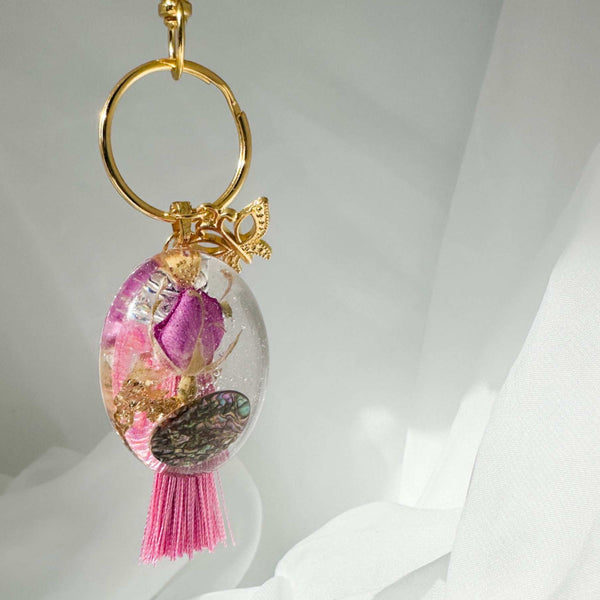Wild Rose Bag Charm / Keychain - Butterfly Charm & Mother of Pearl