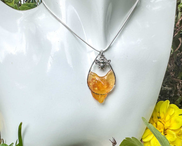 Dripping Honey Teardrop Nature Inspired Pendant with Silver Bee Charm