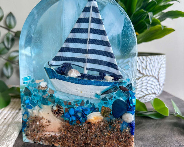 Handmade Resin Sailboat Sculpture – A Tranquil Ocean Scene Illuminated