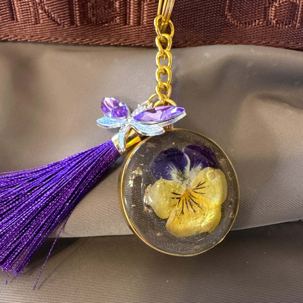 Pansy Petal Whispers - Handmade Resin Pressed Pansy Bag Charm Keychain