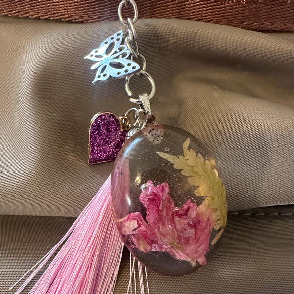Pink Petal Flutter - Handmade Dried Resin Floral Bag Charm / Keychain