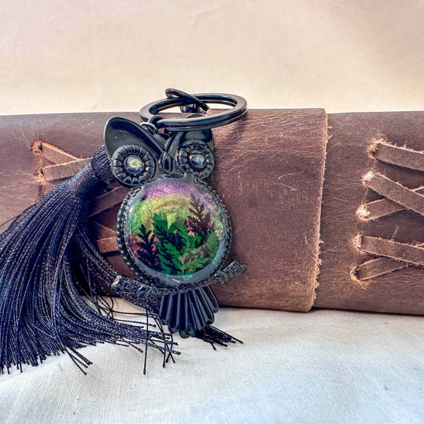 Northern Night Owl Bag Charm – Handmade with Ferns & Aurora Glow