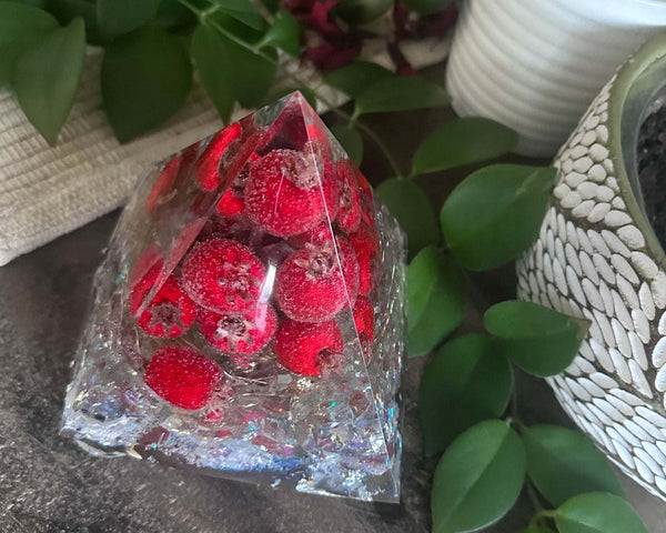 Handcrafted Vibrant Red Berry Resin Pyramid with LED Lights Home Decor