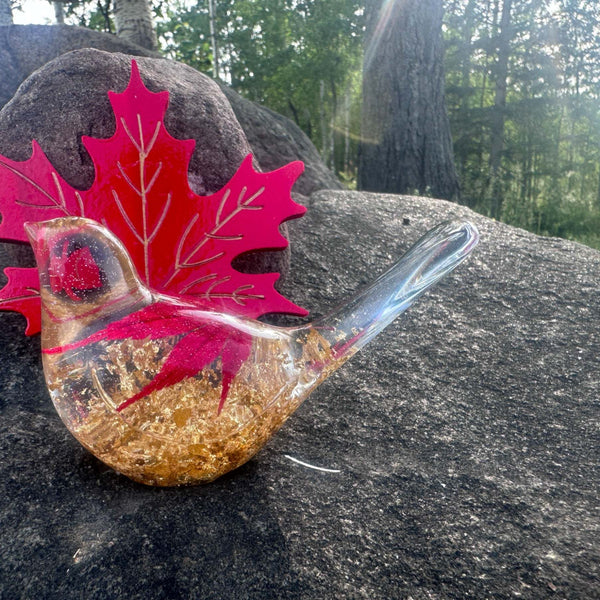 Maple Leaf Songbird - Handmade Resin Bird Maple Leaf & Gold Accents