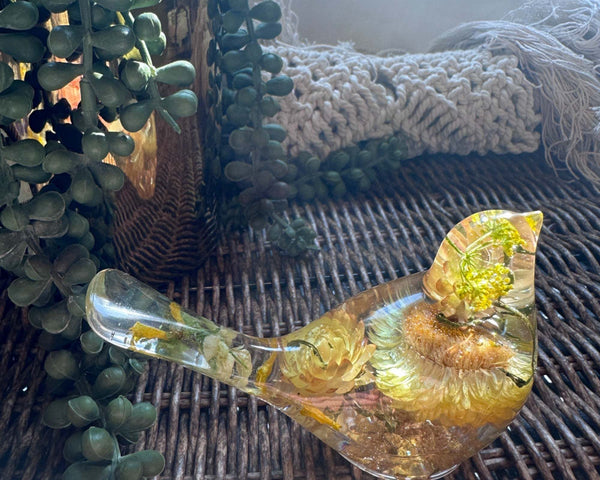 Golden Garden Songbird - Sunshine Strawflower Handmade Resin Bird
