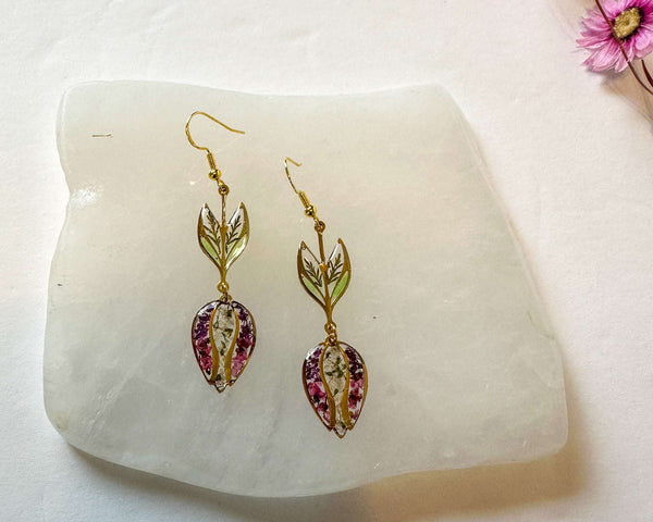 Flower Blossom Bliss Drop Earrings - Handmade with Real Flower Petals