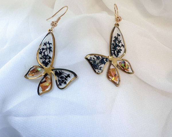 Butterfly Golden Whispers - Handmade Botanical Resin Pearl Earrings