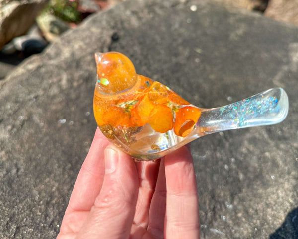 Orange Pansy Bird – Handmade Resin Bird with Real Flowers & Sparkles