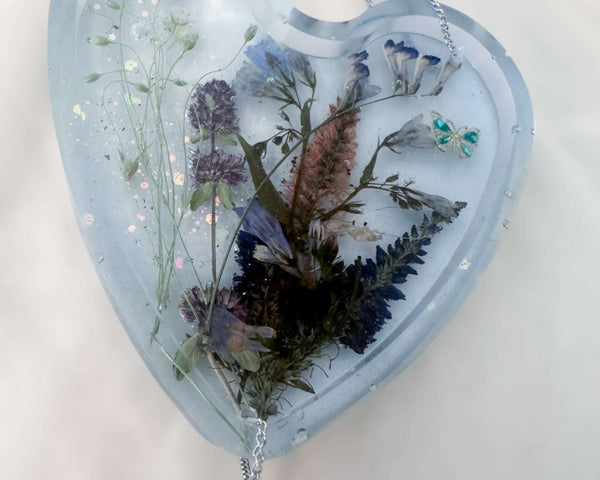 Bluebell Dreams Suncatcher Floral Heart with Blue Glow Handmade Magic