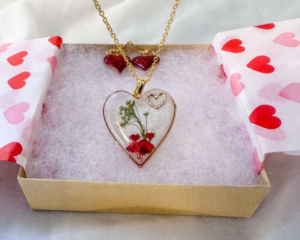 Floral Resin Heart Jewelry Set - Romantic Red Blooms Flower Pendant
