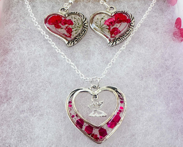Floral Heart Jewelry Set - Handmade Pressed Flower Necklace & Earrings