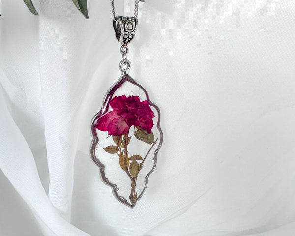 Roses are Red - Real Dried Rose Silver Leaf Necklace - Nature-Inspired