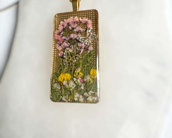 Enchanted Butterfly Garden Necklace - Handmade Pressed Flower Pendant
