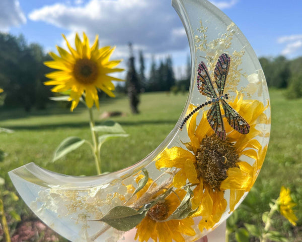 Sunflower Moon - Handmade Resin Moon with Real Flowers & Dragonfly