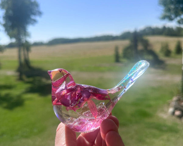 Fuchsia Floral Resin Bird - Handmade Bird with Real Fuchsia Flowers