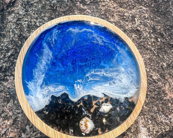 Handmade Ocean Wave Wood Coaster – Unique Coastal Decor with Seashells