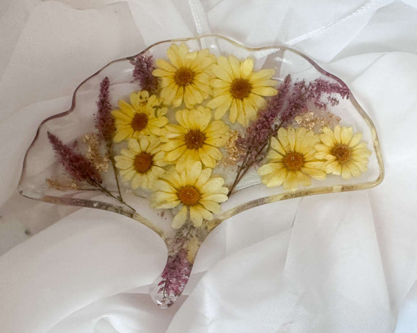 Ginkgo Bloom Tray - Handmade Ginkgo Leaf Resin Tray with Yellow Pansy