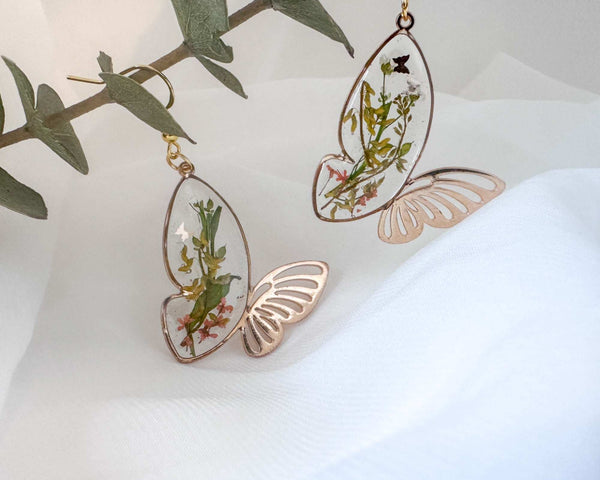 Fluttering Blossom Earrings - Handmade Botanical Resin Butterflies