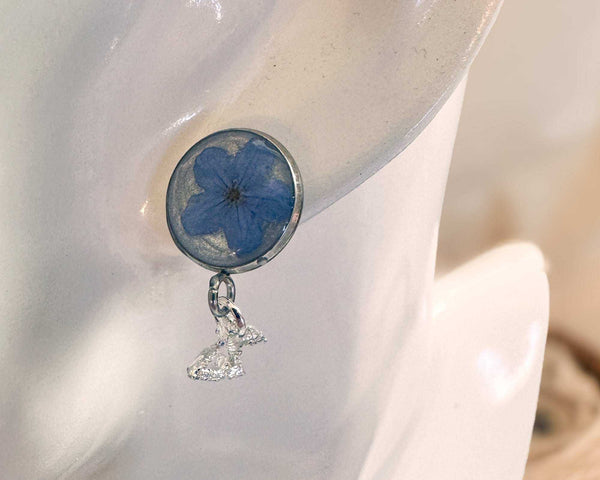 Forget-Me-Not Butterfly Resin Stud Earrings–Handmade with Real Flowers
