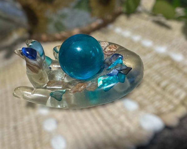 Blue Quartz Crystal Handmade Resin Sphere Hand - Seaside Harmony