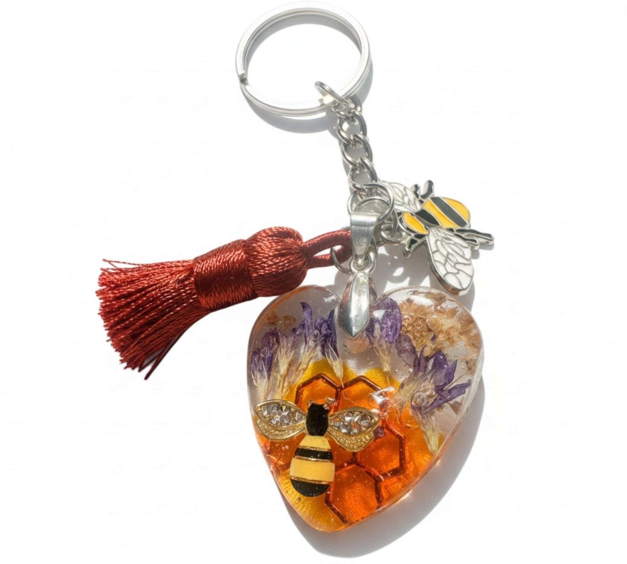 ハンドメイドアクセサリー kokinchan Pressed Flower Resin Keychain Handmade Honeybee Heart Bag Charm