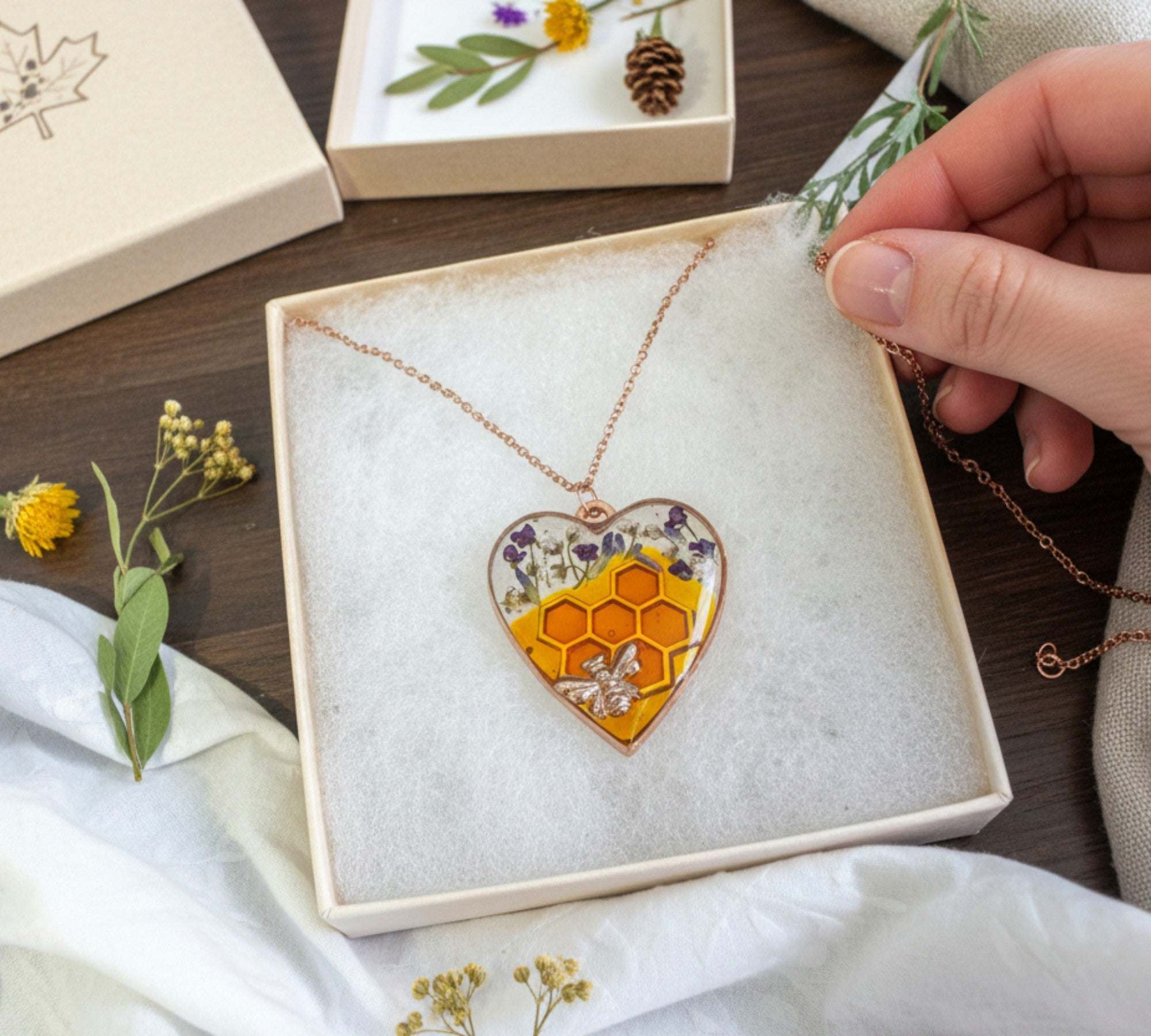 Bee Pendant - Blossom Buzz Harmony Heart - Handmade with Dried