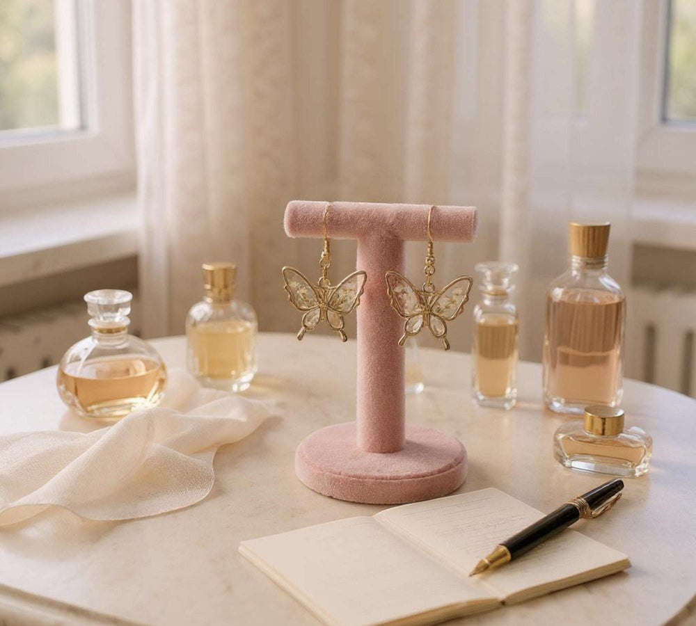 Resin Earrings -Golden Garden Wings Handmade Floral Abalone Butterfly