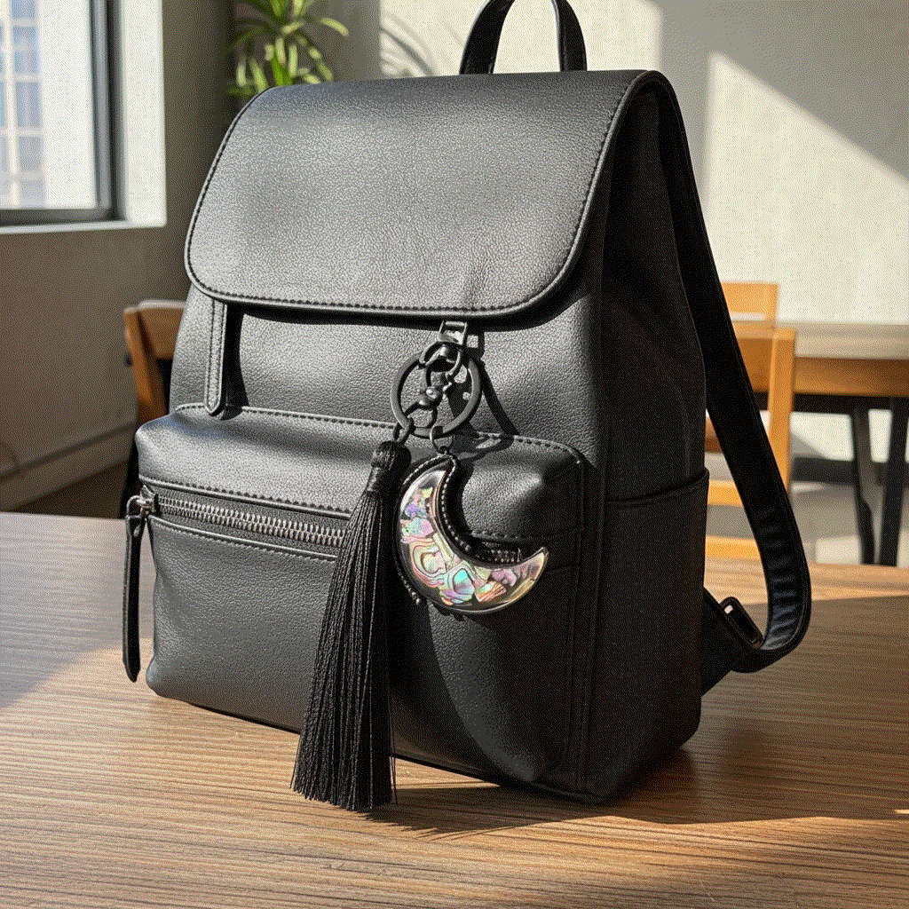 moon bag charm on black handbag