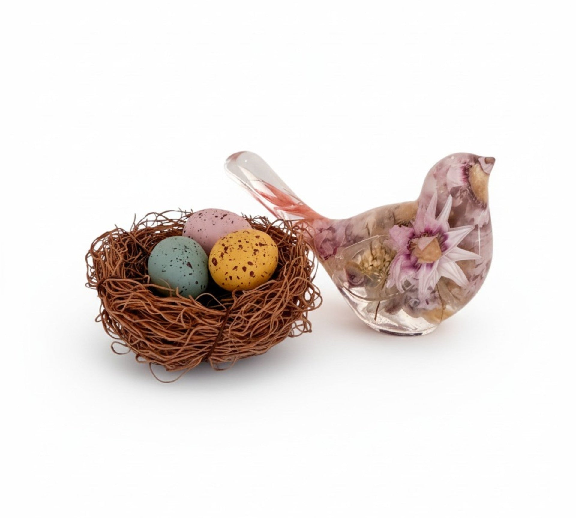 handmade resin bird with real dried flowers