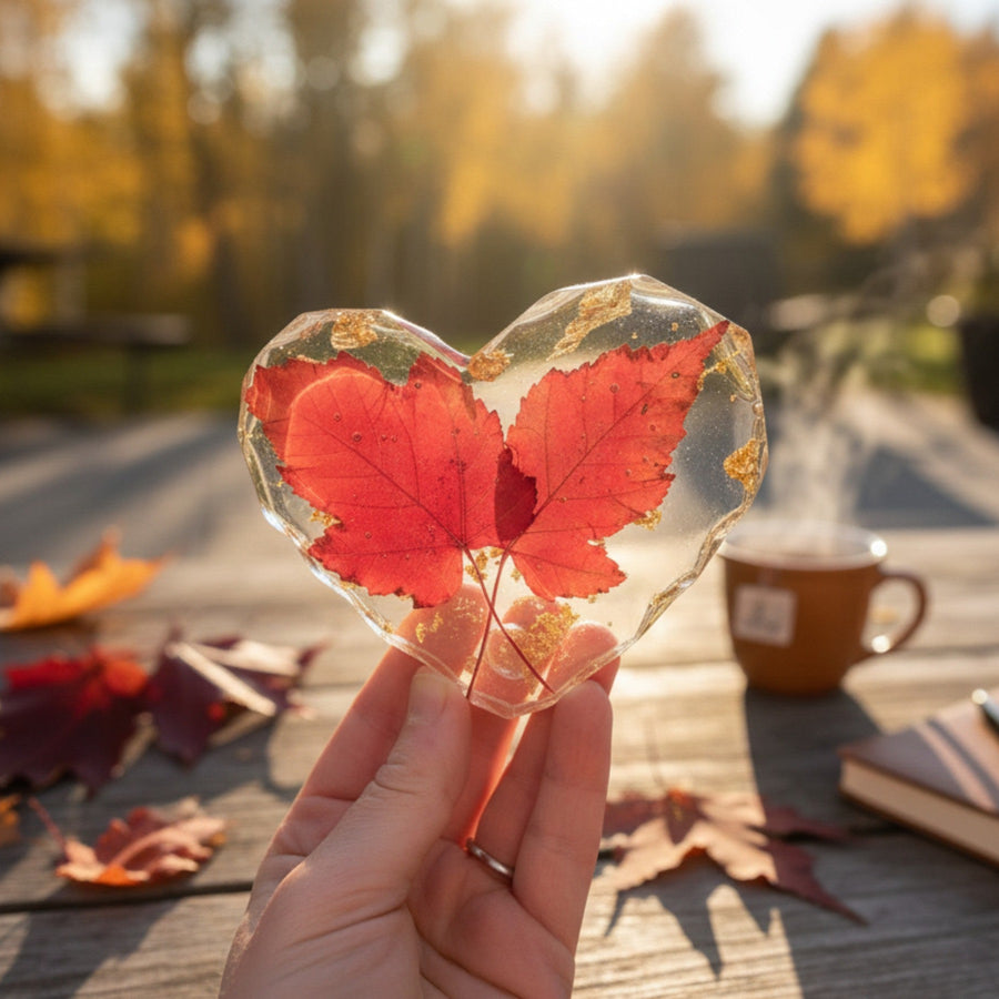 handmade maple leaf heart resin coaster