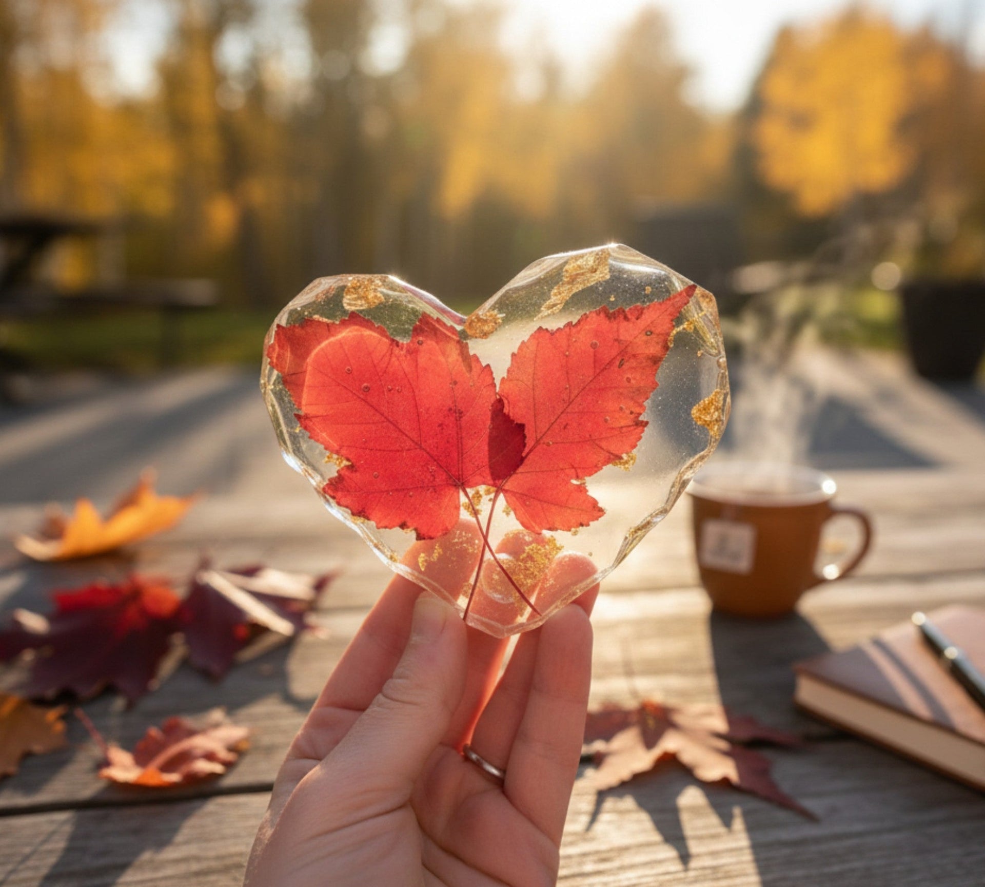 handmade maple leaf heart resin coaster
