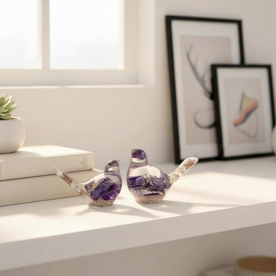 Handmade Floral Resin Memorial Bird Sculptures on White Shelf