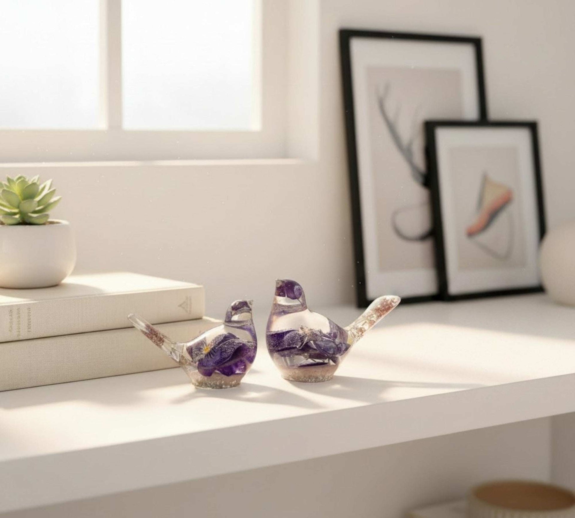 Handmade Floral Resin Memorial Bird Sculptures on White Shelf