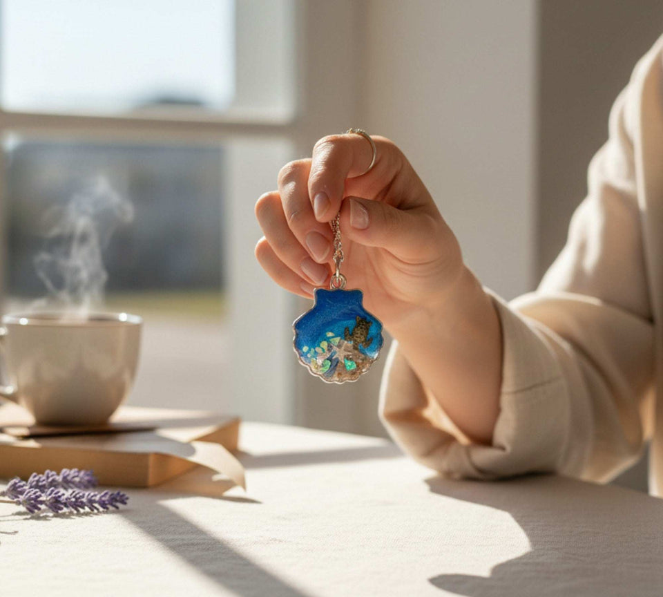 seashell keychain with real seashells and turtle