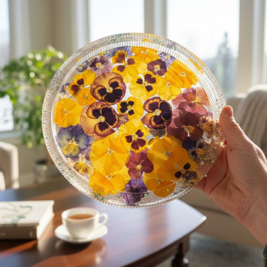 handmade pressed pansy floral resin tray