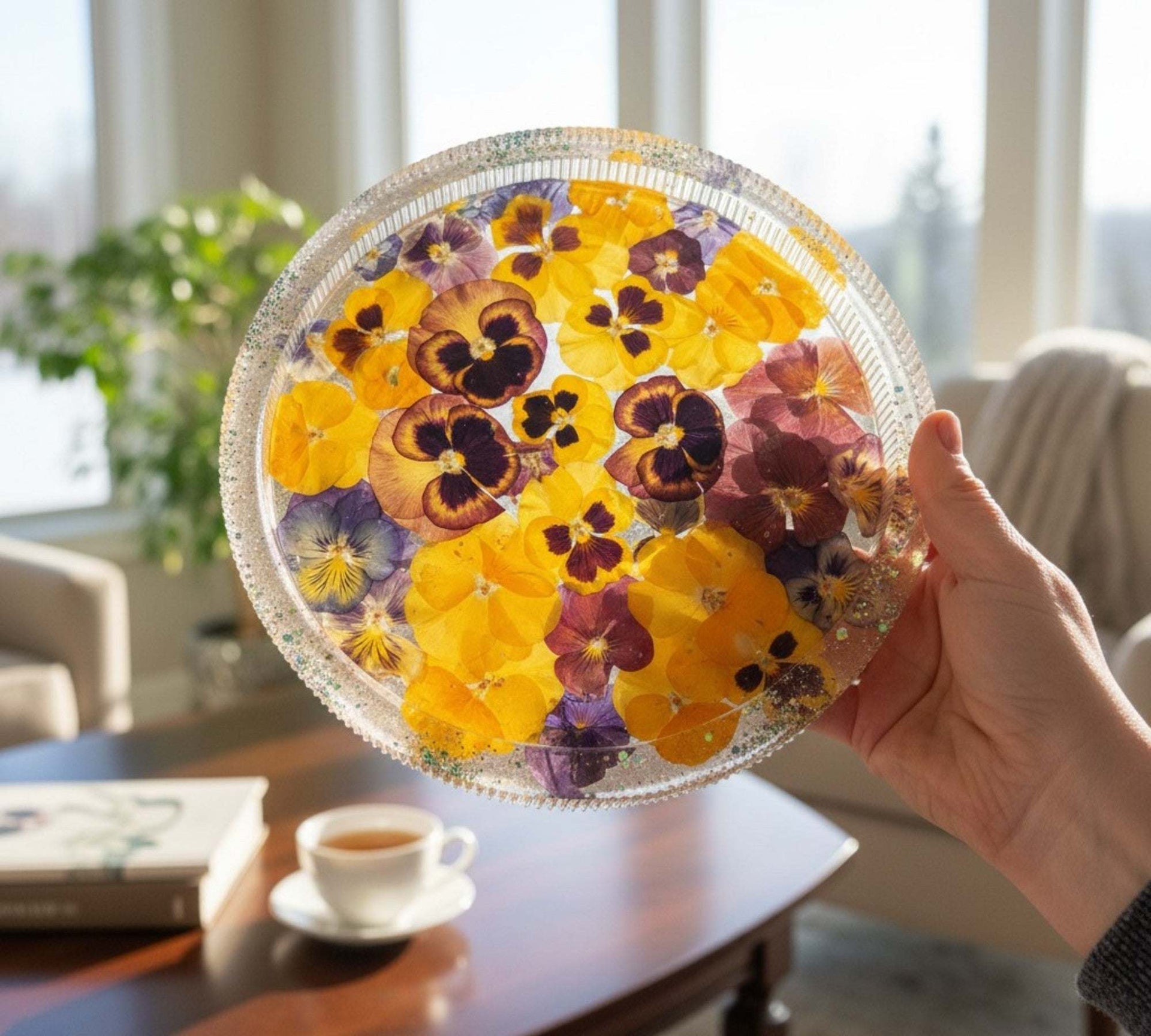 handmade pressed pansy floral resin tray