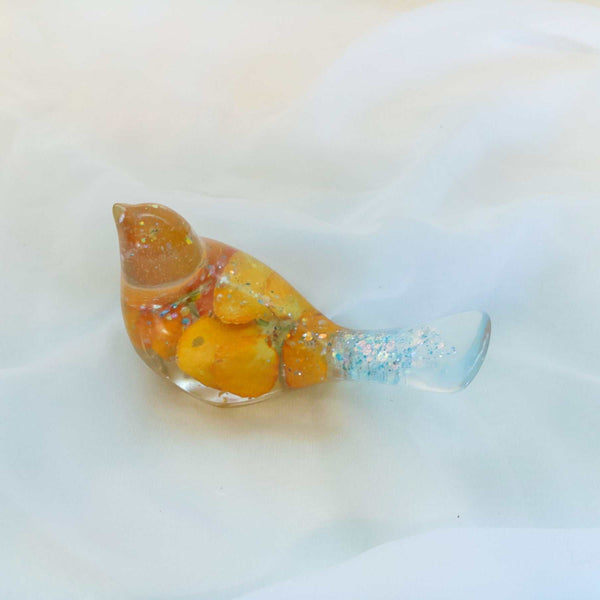 Orange Pansy Bird – Handmade Resin Bird with Real Flowers & Sparkles