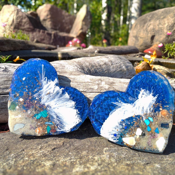 Hearts by the Shore - Handmade Ocean Wave Resin Heart Coaster Set