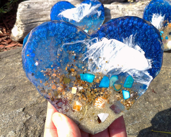 Hearts by the Shore - Handmade Ocean Wave Resin Heart Coaster Set