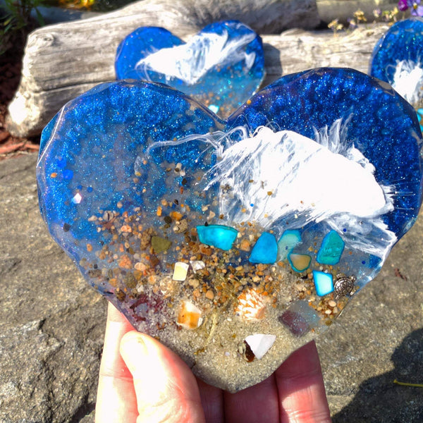 Hearts by the Shore - Handmade Ocean Wave Resin Heart Coaster Set