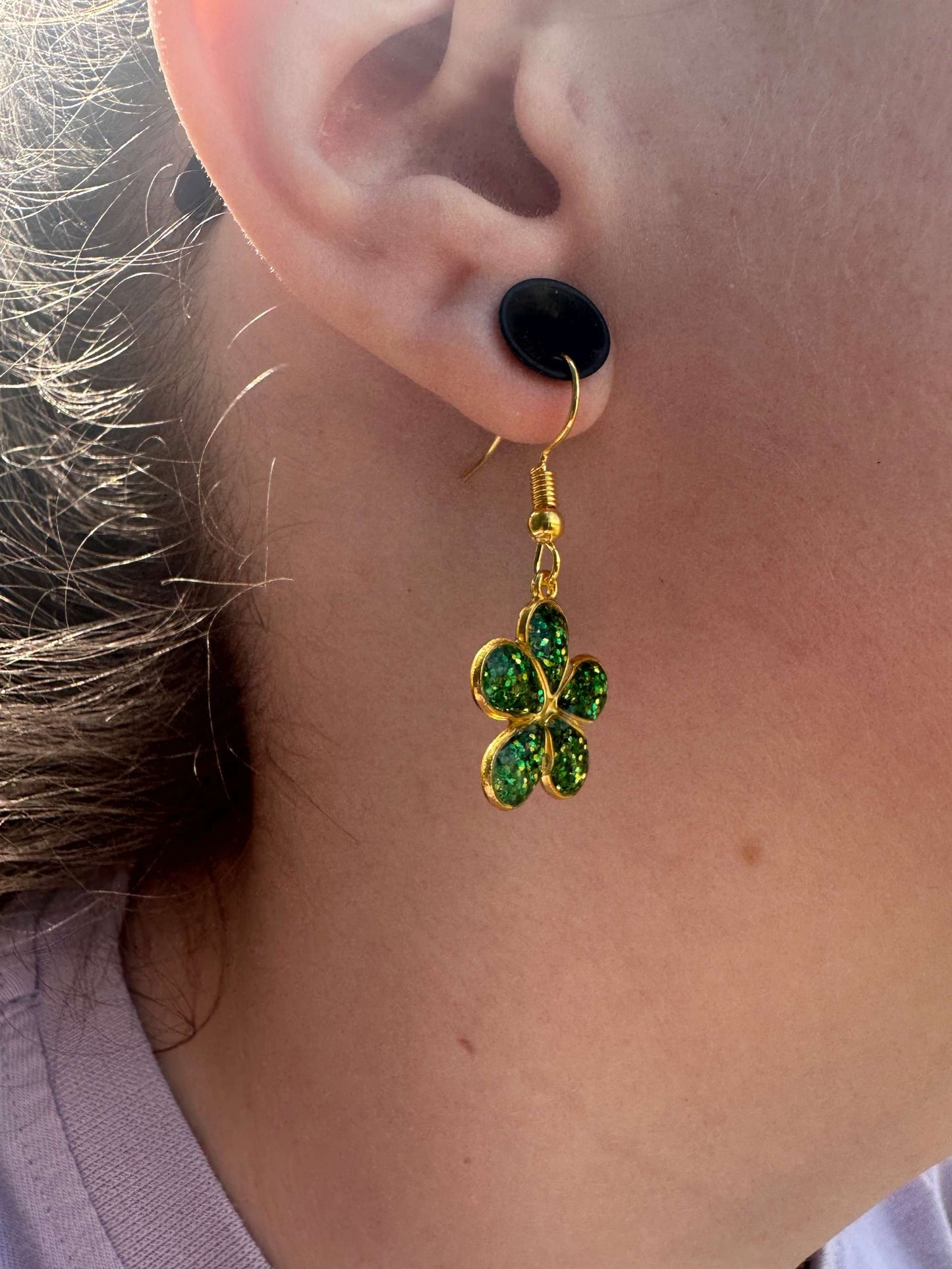 Flower Earring - Green Glitter
