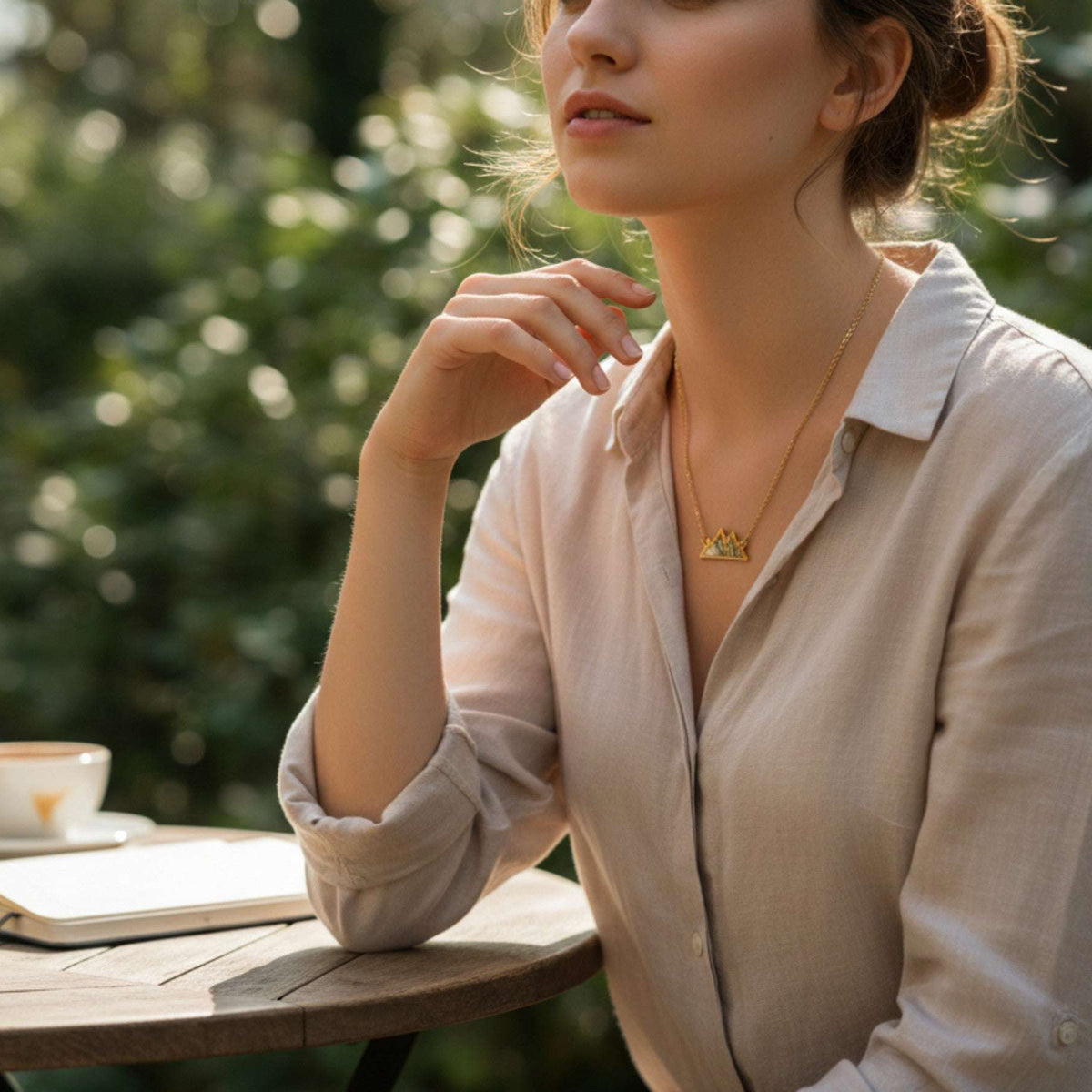 Handmade Gold Mountain Pendant Necklace with Northern Lights