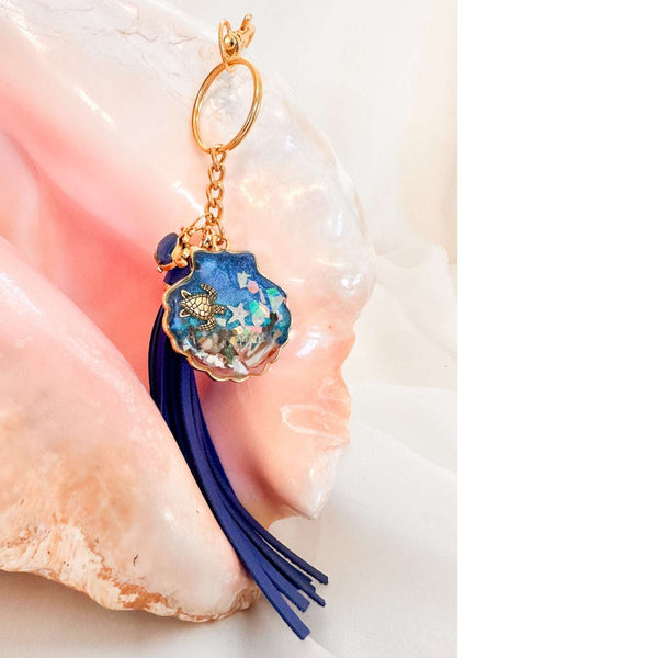 Ocean Shell Keychain with Leather Tassel -  Resin Sea Turtle Bag Charm