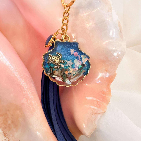Ocean Shell Keychain with Leather Tassel -  Resin Sea Turtle Bag Charm