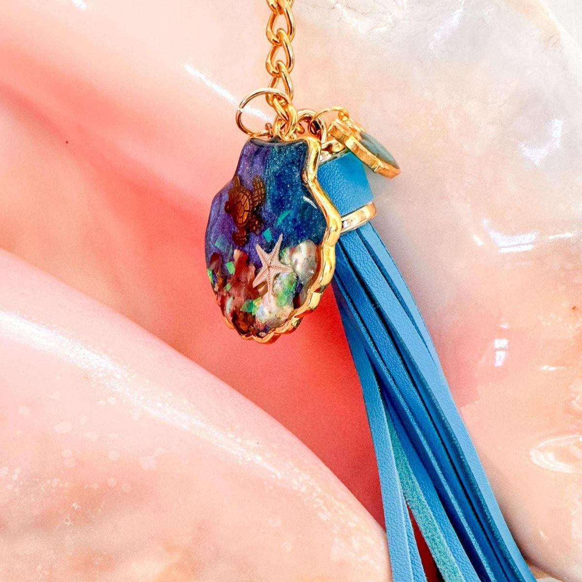 Ocean Shell Keychain with Leather Tassel -  Resin Sea Turtle Bag Charm