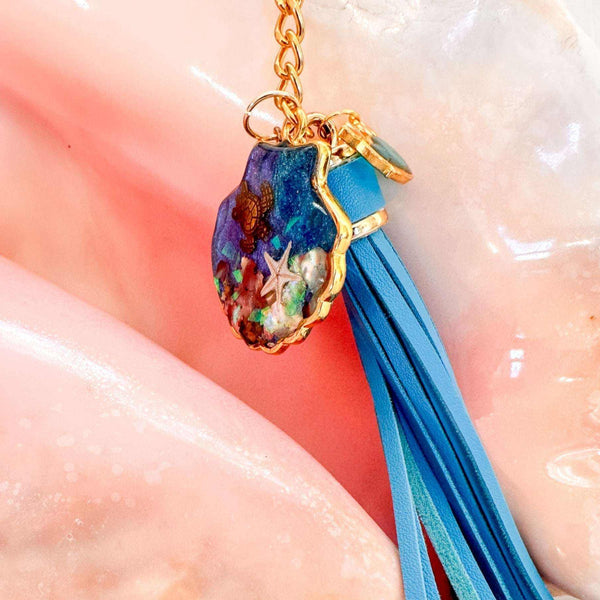 Ocean Shell Keychain with Leather Tassel -  Resin Sea Turtle Bag Charm