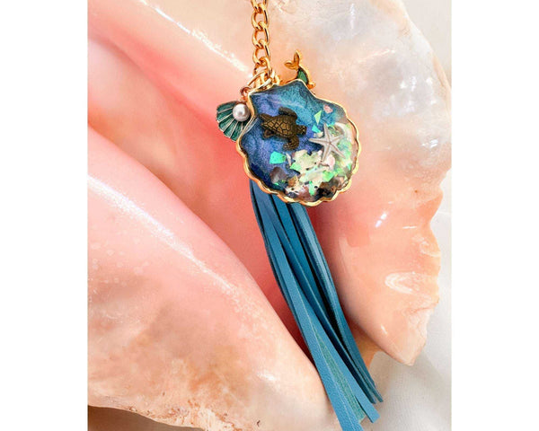 Ocean Shell Keychain with Leather Tassel -  Resin Sea Turtle Bag Charm